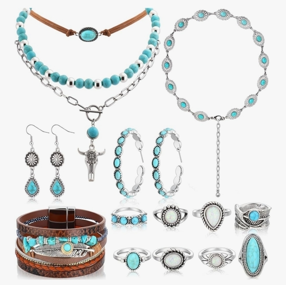 Western Concho Belt Necklace Earrings Bracelets Rings Jewelry Set